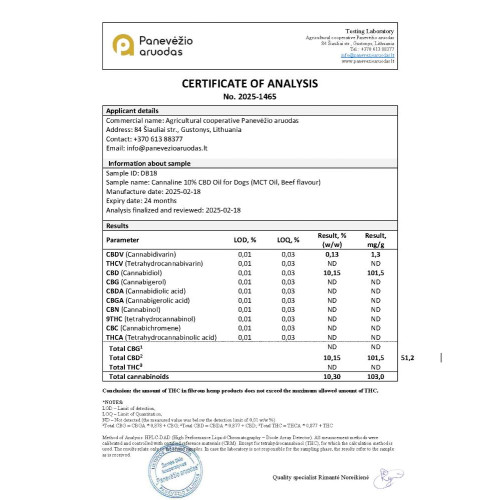 CBD ulje za pse, 10 % CBD, Cannaline, okus govedine, 10 ml
